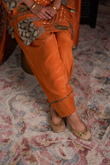 Burnt Orange Polka Banarasi Kurta Set with Patchwork Detailing