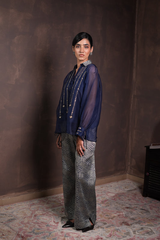 Midnight Blue Organza Shirt with Banarasi Khaddi Georgette Brocade Pants