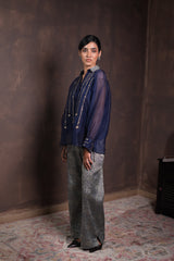 Midnight Blue Organza Shirt with Banarasi Khaddi Georgette Brocade Pants