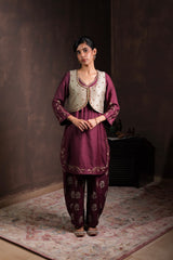 Sage-Mulberry Silk Kurta Set with Koti
