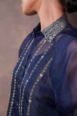 Midnight Blue Organza Shirt with Banarasi Khaddi Georgette Brocade Pants