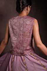Mulberry Georgette Brocade Lehenga Set with Embroidered Vest or Crop Jacket