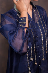 Midnight Blue Organza Shirt with Banarasi Khaddi Georgette Brocade Pants
