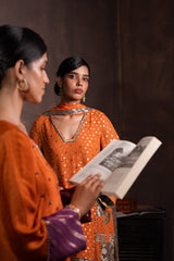 Burnt Orange Polka Banarasi Kurta Set with Patchwork Detailing