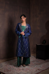Midnight Blue Silk Coat with Pine Green Co-ord Set