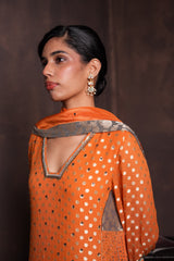 Burnt Orange Polka Banarasi Kurta Set with Patchwork Detailing