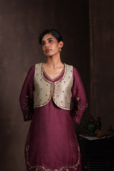 Sage-Mulberry Silk Kurta Set with Koti