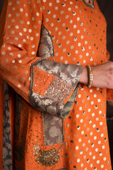 Burnt Orange Polka Banarasi Kurta Set with Patchwork Detailing