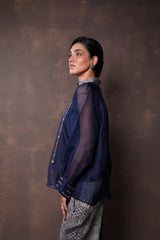 Midnight Blue Organza Shirt with Banarasi Khaddi Georgette Brocade Pants