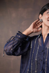 Midnight Blue Organza Shirt with Banarasi Khaddi Georgette Brocade Pants