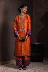 Burnt Orange & Purple Silk Brocade Kurta Set