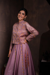 Mulberry Georgette Brocade Lehenga Set with Embroidered Vest or Crop Jacket