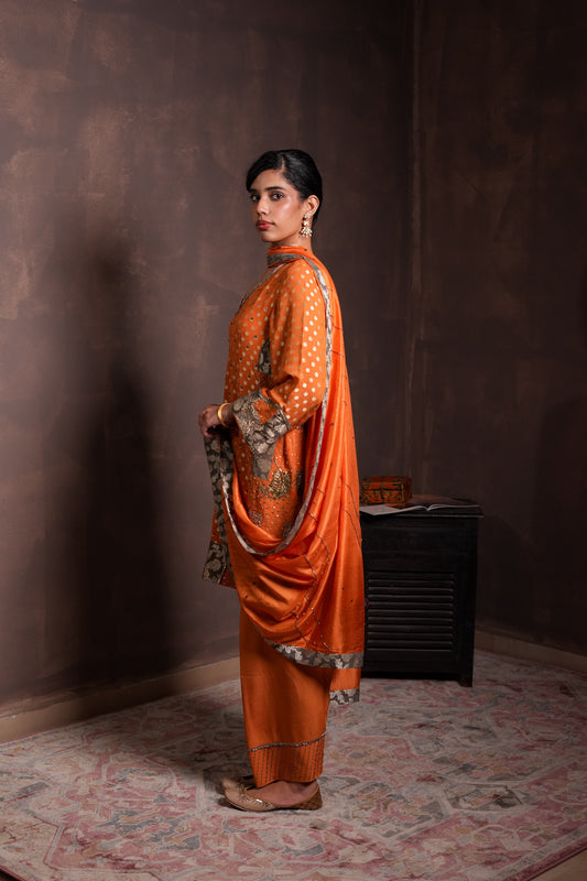 Burnt Orange Polka Banarasi Kurta Set with Patchwork Detailing