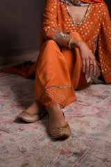 Burnt Orange Polka Banarasi Kurta Set with Patchwork Detailing