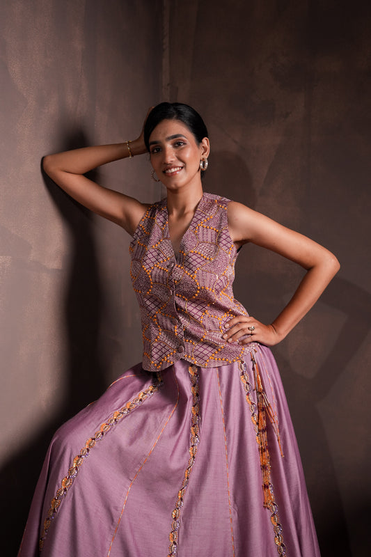 Mulberry Georgette Brocade Lehenga Set with Embroidered Vest or Crop Jacket