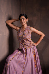 Mulberry Georgette Brocade Lehenga Set with Embroidered Vest or Crop Jacket