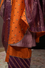 Burnt Orange & Purple Silk Brocade Kurta Set