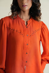 Deep orange georgette gathered top with metal detail