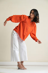 Deep orange georgette gathered top with metal detail