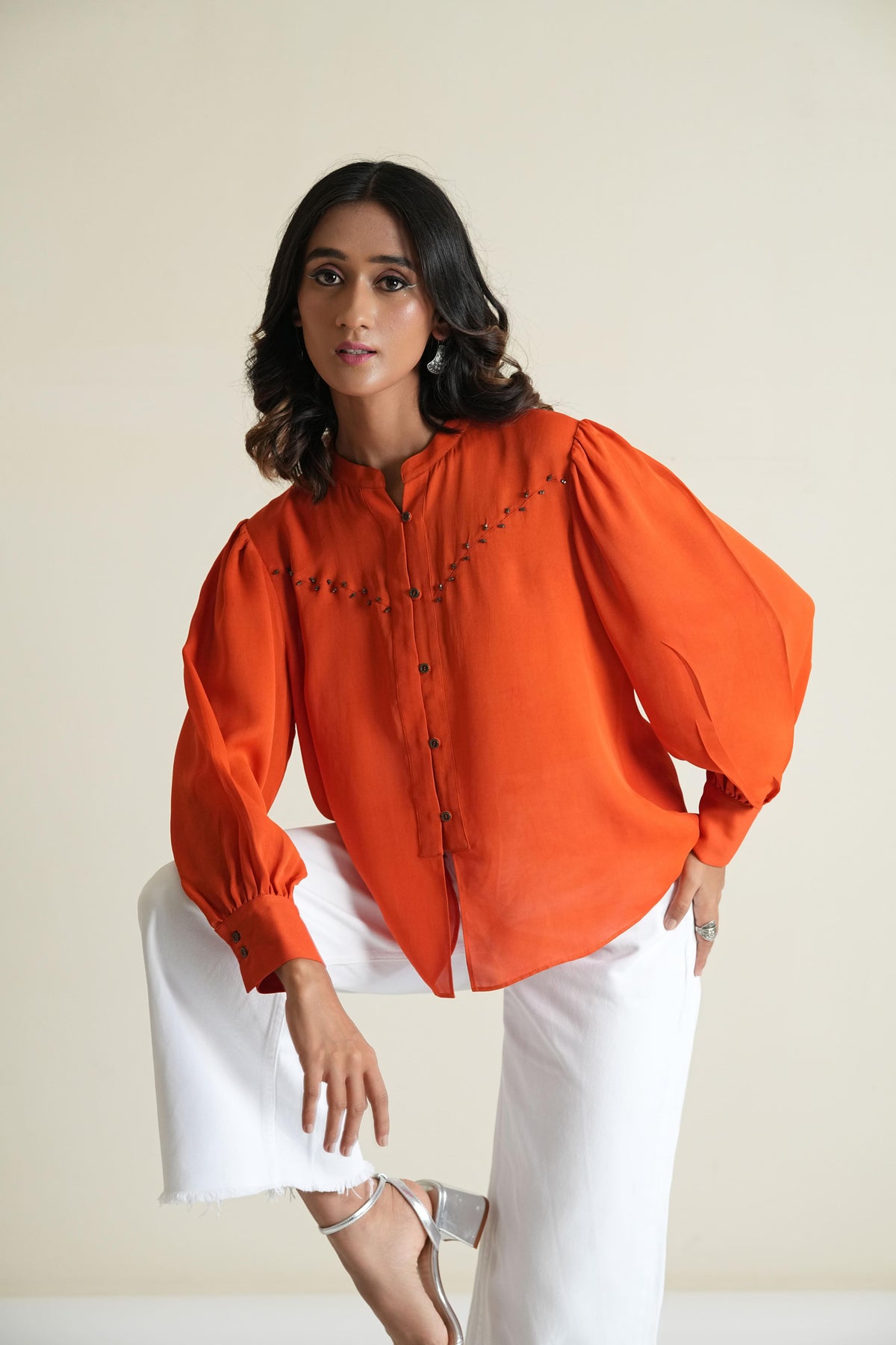 Deep orange georgette gathered top with metal detail