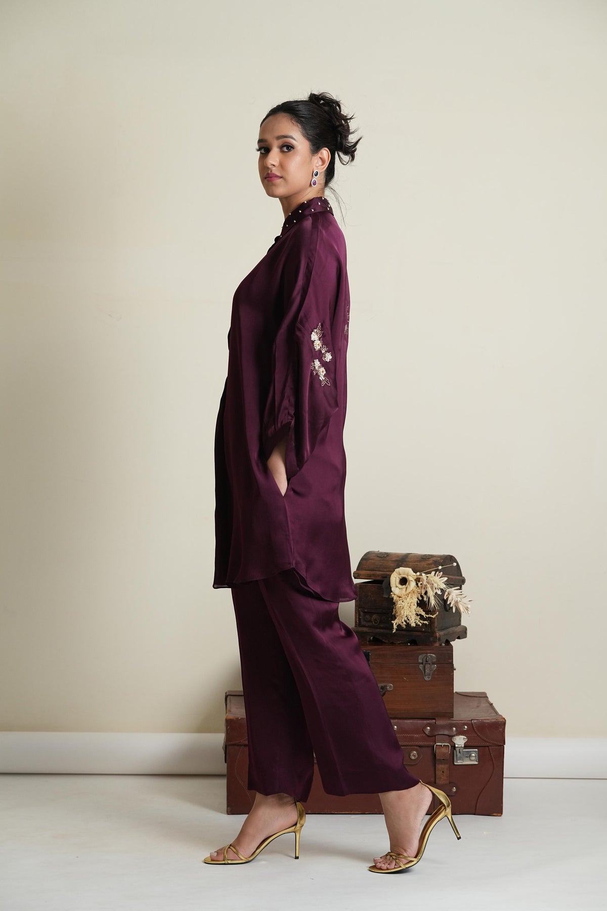 Falsa silk organza dolman sleeved co ord set with pearls and dabka work