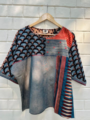 Grey blue handloom dolman sleeves top with ajrakh patches