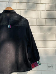 Black handloom shirt with patchwork and kantha detail