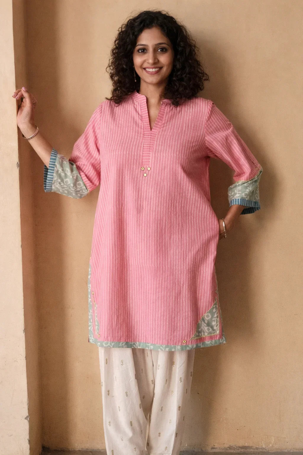Pink daabu stripes short kurta