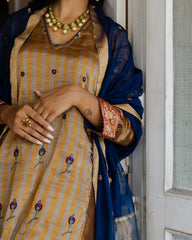 Gold silver striped tissue kurta and pants with cobalt blue chanderi dupatta