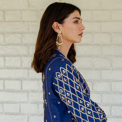 Navy blue jaal embroidery overlap jacket with pants