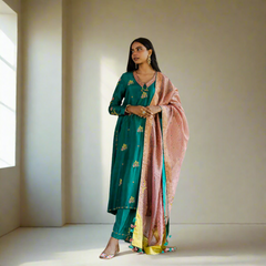 Peacock green silk kurta and pants with dusty rose check tissue dupatta