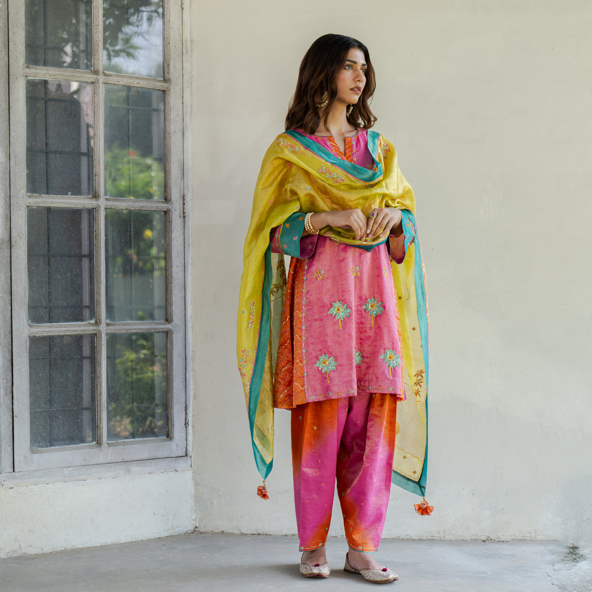 Mithai pink and orange lehriya tissue short kurta and salwar with chartreuse tissue dupatta