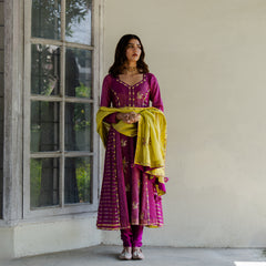 Magenta striped tissue kalidaar kurta with churidaar and chartreuse tissue dupatta