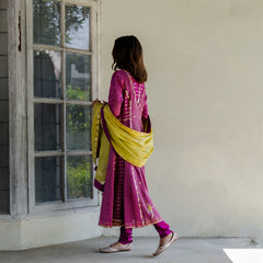 Magenta striped tissue kalidaar kurta with churidaar and chartreuse tissue dupatta