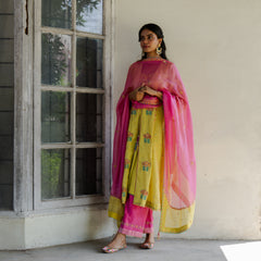 Chartreuse tissue chanderi jacket with slip, mithai pink striped tissue pants and silk kota dupatta