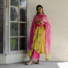 Chartreuse tissue chanderi jacket with slip, mithai pink striped tissue pants and silk kota dupatta