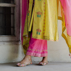 Chartreuse tissue chanderi jacket with slip, mithai pink striped tissue pants and silk kota dupatta