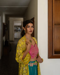 Chartreuse chanderi embroidered cape with mithai pink bustier and peacock sharara pants