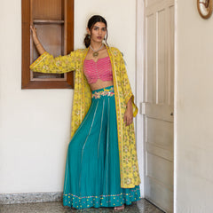 Chartreuse chanderi embroidered cape with mithai pink bustier and peacock sharara pants