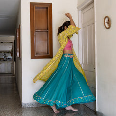 Chartreuse chanderi embroidered cape with mithai pink bustier and peacock sharara pants