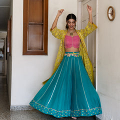 Chartreuse chanderi embroidered cape with mithai pink bustier and peacock sharara pants