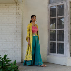 Chartreuse chanderi embroidered cape with mithai pink bustier and peacock sharara pants