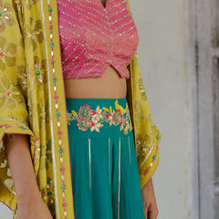 Chartreuse chanderi embroidered cape with mithai pink bustier and peacock sharara pants