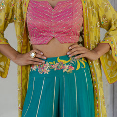 Chartreuse chanderi embroidered cape with mithai pink bustier and peacock sharara pants