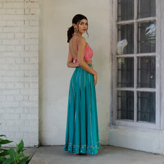 Chartreuse chanderi embroidered cape with mithai pink bustier and peacock sharara pants