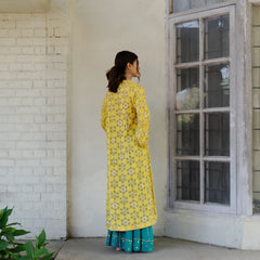 Chartreuse chanderi embroidered cape with mithai pink bustier and peacock sharara pants