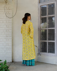 Chartreuse chanderi embroidered cape with mithai pink bustier and peacock sharara pants