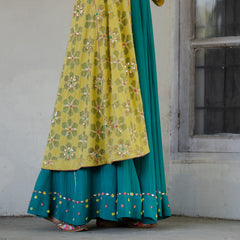 Chartreuse chanderi embroidered cape with mithai pink bustier and peacock sharara pants