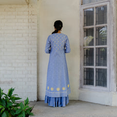 Lavender blue chanderi mirror work cape with chartreuse embroidered blouse and sharara pants