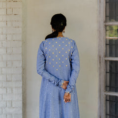 Lavender blue chanderi mirror work cape with chartreuse embroidered blouse and sharara pants